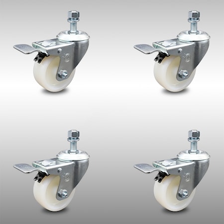 Service Caster 3 Inch SS Nylon Wheel Swivel 12mm Threaded Stem Caster Set Total Lock Brake SCC-SSTSTTL20S314-NYS-M1215-4